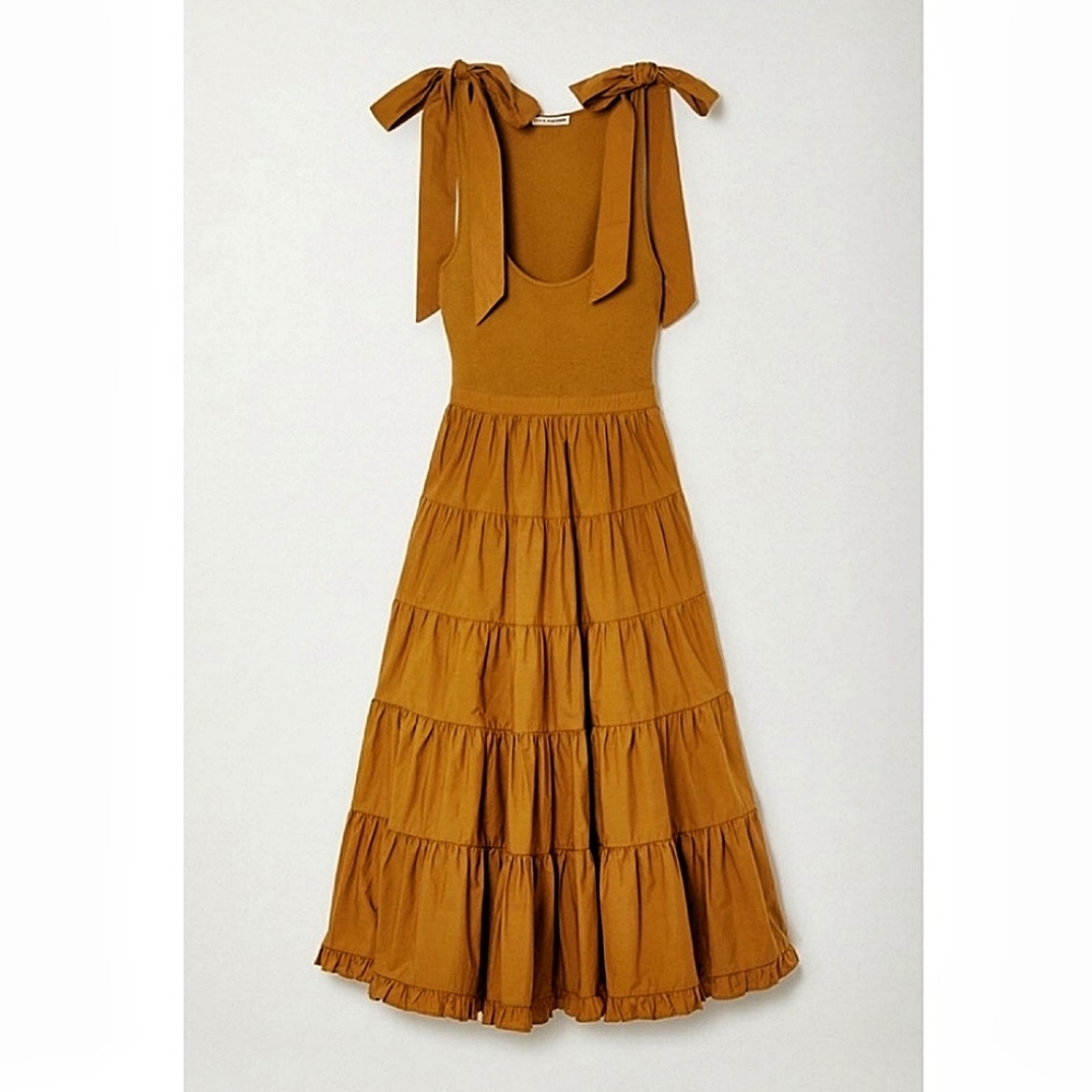 Ulla Johnson Hope Rib Knit Cotton Popplin Ruffle Tiered Maxi Dress Tapen… - Picture 2 of 16